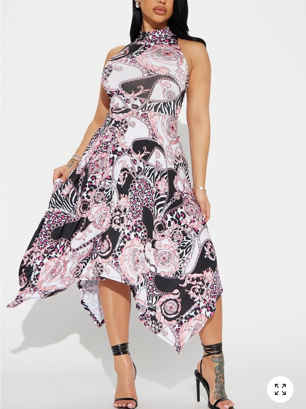 Fashion Nova Pink & Black Paisley Print Handkerchief Hem Dress